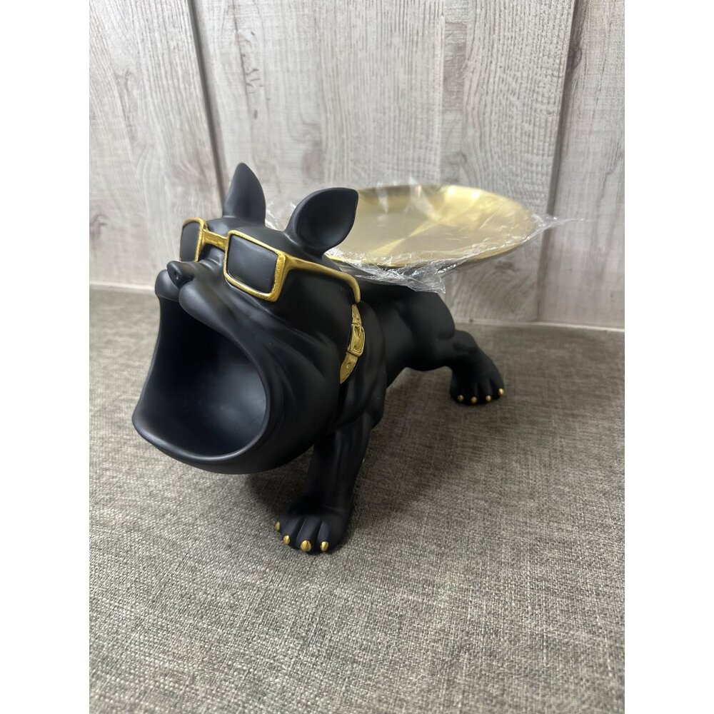 Bulldog with Sunglasses Resin Black & Gold Decorative Tray Figurine